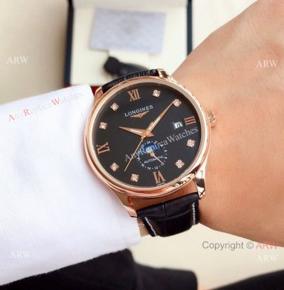 Copy Longines Master Moon phase 39mm Watch Rose Gold Black Leather Strap